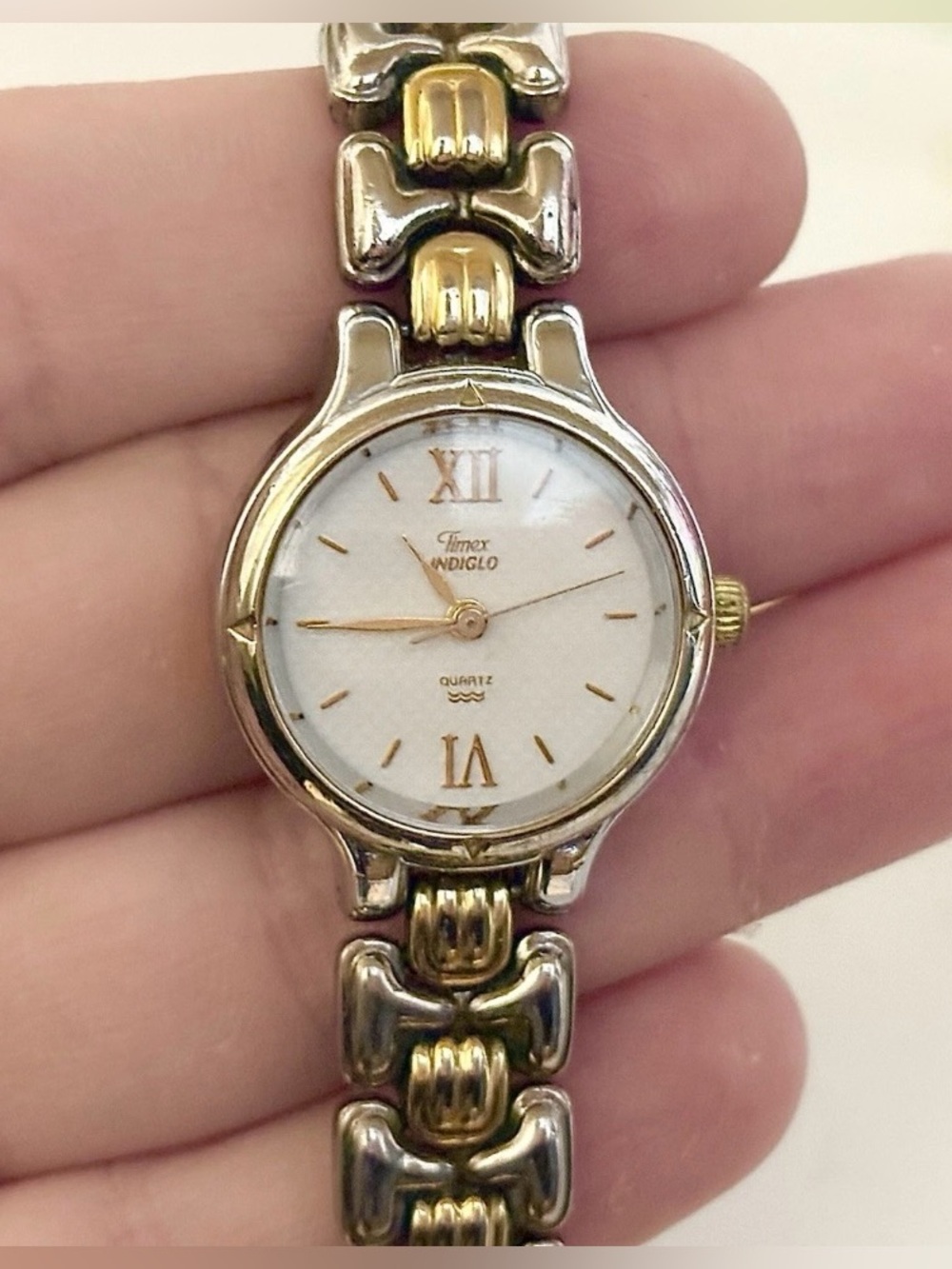 Classic Ladies Timex Indiglo Two-Tone Gold/Silver Classy Round Multi-Link Watch